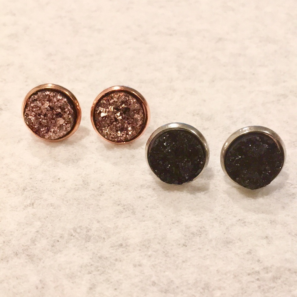 Rose Gold & Black Druzy Stud Earrings